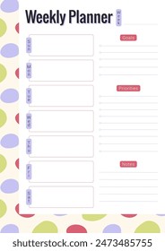 Weekly planner template with place for scheduling tasks by day of the week, notes, goals, priorities in A4 sheet format