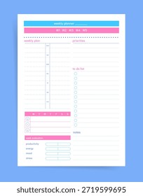 Weekly Planner Template with Priorities, Mood Evaluation, Productivity Tracking and Notes. Pastel Blue Organizer Page for Time Management, Self Assessment and Personal Planning Vector Layout