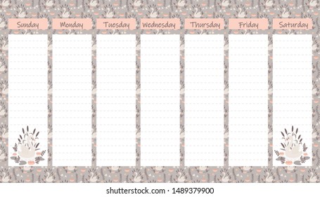 Weekly planner template. Ready to fill in schedule. Daily organizer