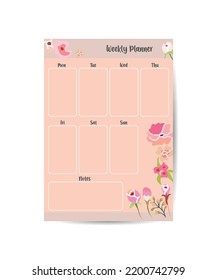 Weekly planner Template Ready for Print with Space for To-Do List, Schedule, Activities, Appointments with pink floral frame