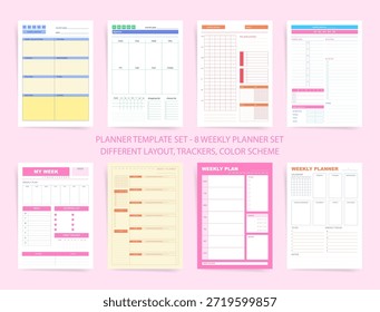 Conjunto de Plantilla de planificador semanal de ocho diseños únicos A4. Diseños imprimibles con trackers, prioridades, listas de tareas pendientes, hábitos y secciones de menú. Planificadores coloridos para la organización semanal.