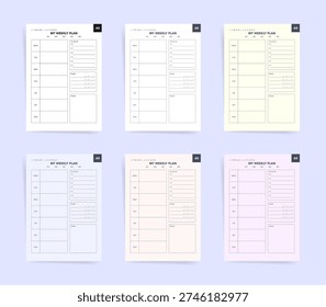 Weekly planner template set of six A5. Printable planner pages with daily sections, to do lists, goals and notes. Pastel weekly planner for organizing tasks and productivity
