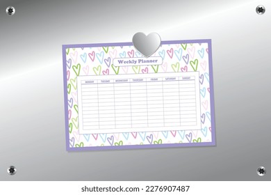 Weekly planner template with silver heart shape magnet on silver pin board background surface with torx screws