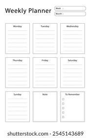 Weekly planner template. Simple design for scheduling and planning your weekly activities.