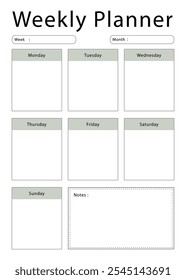 Weekly planner template. Simple design for scheduling and planning your weekly activities.