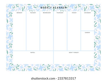 weekly planner template with soft blue floral background