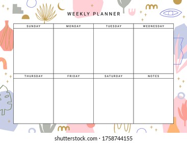 Weekly Planner Template. Stationery organizer for daily plans. Abstract modern design. Vector.