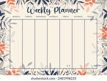 Weekly planner template for study with floral elements. Business organizer paper sheet.