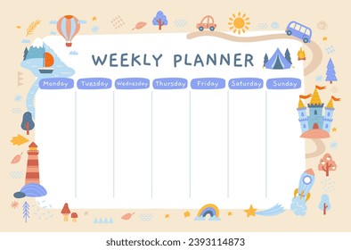 Weekly planner template. Time management and organization of effective educational process. Lesson schedule at school and university. Cartoon flat vector illustration isolated on beige background