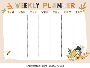 Weekly planner template. Vector illustration with autumn elements. Cute and trendy.