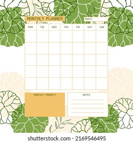 Weekly planner template. A planner for week organization of time with floral background. Illustration hand-drawn.