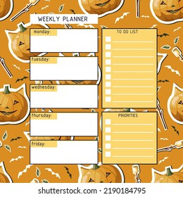 Weekly planner template. A planner for week organization of time with Halloween background. Pumpkin, marshmallow, and bats.