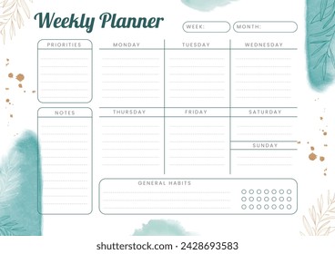 Weekly planner template.Floral planner.  Simple printable to do list.  Realistic vector planner illustration.