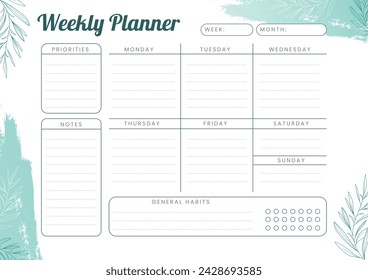 Weekly planner template.Floral planner.  Simple printable to do list.  Realistic vector planner illustration.