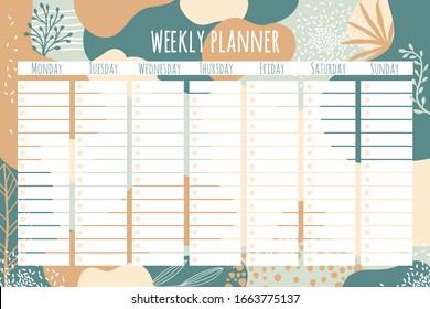 Weekly planner. Templates for notes, to do and buy lists. Organizer, planner, schedule for your design. Abstract vector background in trendy modern hand-drawn style. Pastel Palette.