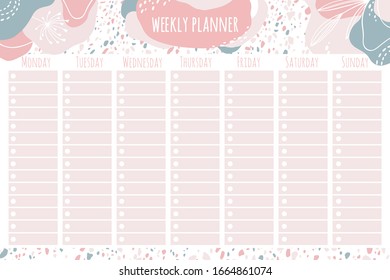 Weekly planner. Templates for notes, to do and buy lists. Organizer, planner, schedule for your design. Abstract vector background in trendy modern hand-drawn style. Pastel Palette.