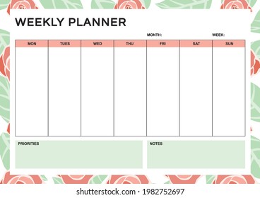 Weekly planner templates vector. Stationery organizer for daily plans. Kid schedule and timetable.