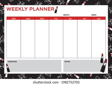 Weekly planner templates vector. Stationery organizer for daily plans. Kid schedule and timetable.