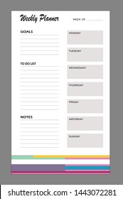 Weekly Planner template.Stationery organizer with place for goals,to do list and notes.Vector