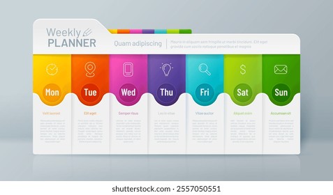 Weekly planner timeline infographic, daily week schedule, plan or step timetable vector template with modern line graphic symbols. School or business weekly planner timetable color info chart