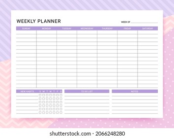 Weekly Planner. Timetable With Habit Tracker, To Do List And Notes. Week Starts Sunday. Vector Illustration. Journal Page Template. Homework Organizer. Simple Schedule. Empty Blank Of Diary, A4