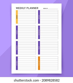 Weekly Planner. Timetable For Week With To Do List. Week Starts Sunday. Vector Illustration. Homework Organizer Template. Journal Schedule Page. Blank Diary, Portrait Orientation. Paper Size A4