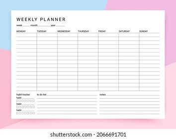 Weekly Planner. Timetable For Week With Habit Tracker, To Do List And Notes. Vector Illustration. Journal Page Template. Homework Organizer. Simple Schedule. Empty Blank Of Diary. Paper Size A4. 