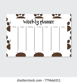 Weekly Planner with traces of animals in cartoon style. Perfect for Print, Template, to do list. Vector isolated illustration