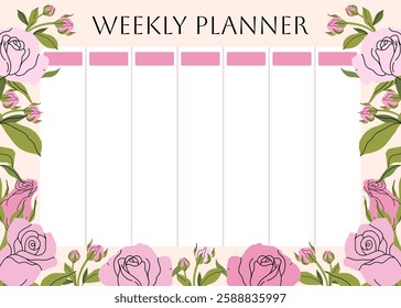 Weekly planner with trendy floral pattern. garden pink roses, spring flowers and leaves background for notes. Cute school planner is for 7 days. Kids schedule design template. Vector flat illustration