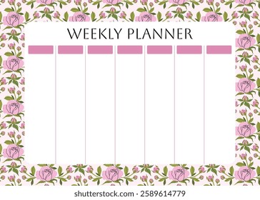 Weekly planner with trendy floral pattern. garden pink roses, spring flowers and leaves background for notes. Cute school planner is for 7 days. Kids schedule design template. Vector flat illustration