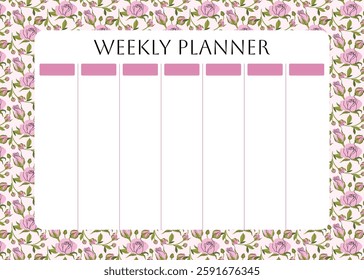 Weekly planner with trendy floral pattern. garden pink roses, spring flowers and leaves background for notes. Cute school planner is for 7 days. Kids schedule design template. Vector flat illustration