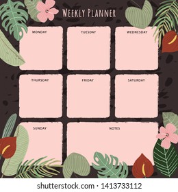 weekly planner with tropical plant background
