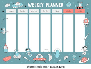 Weekly planner with UFO, astronaut, funny outer space and funny cartoon cosmos characters in cartoon style. Kids schedule design template. Vector illustration.