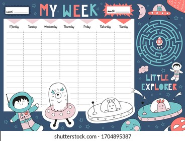 Weekly planner with UFO, funny outer space and funny cosmos characters in cartoon style. Included mini games - maze, dot to dot, coloring page. Kids schedule design template. Vector illustration.