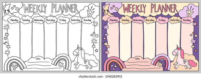 Weekly planner with unicorn and rainbow in cartoon style. Kids schedule design template. Black and white vector illustration for coloring book