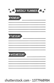 Weekly Planner. Vector Template for Agenda, Planner and Other Stationery. Printable Organizer for Study, School or Work. Objects Isolated on White Background.