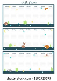 Weekly planner vector template with cute sleeping animals squirrel, bear, deer, fox, raccoon, owl. Organizer and schedule with place for notes.