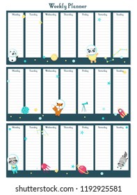 Weekly planner vector template with cute space animals panda, raccoon, fox and rockets, planets, constellations. Organizer and schedule with place for notes.