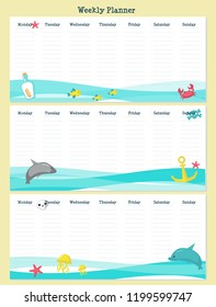 Weekly planner vector template with cute animals dolphin, shark, jellyfish, crab, starfish, pirate accessories and marine items. Organizer and schedule with place for notes.