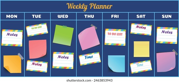 Weekly planner vector template with sticky notes. Organizer and schedule with space for notes, goals and to-do list. Fashionable style. Abstract modern design.