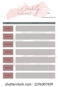 Weekly planner, watercolor background. Vector design of a flyer for work . Weekday.