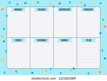 Weekly planner with watercolor dots in minimalism style. Layout sheet with place for notes. Vector template page for print, office, school.