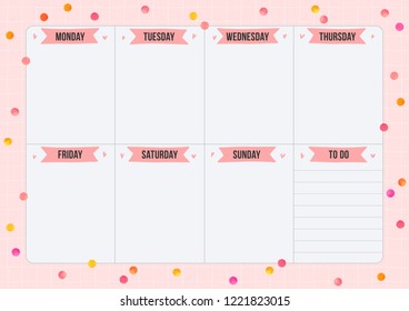 Weekly planner with watercolor dots in minimalism style. Layout sheet with place for notes. Vector template page for print, office, school.