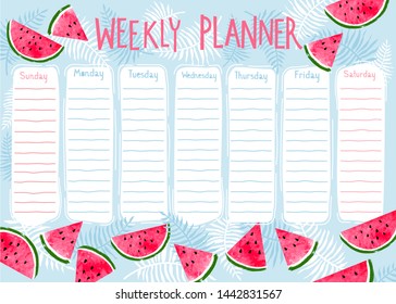 Weekly planner with watermelon slices and tropical leaves. Summer theme printable template