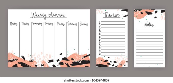 Weekly planner with week days, sheet for notes and to do list templates decorated with abstract colorful paint stains and scribble. Personal appointment planning. Modern vector illustration. 