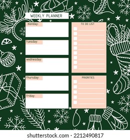 Weekly planner. A planner for week organization of time with a Christmas background. Calendar. Winter mood.