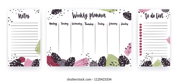 Weekly planner with weekdays, page for notes and to do list templates decorated with abstract brush strokes and exotic monstera leaves. Modern scheduler, bullet journal. Vector illustration. 