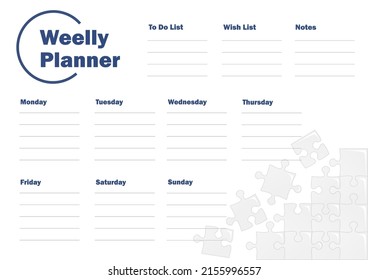 Weekly planner with white puzzle. White and blue colors. Vector illustration.