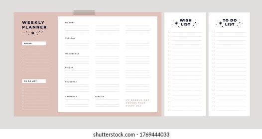 Weekly planner. Wish list, to do list. Dreams come true. Follow your dreams. Set of stationery digital prints. Flat lay, organizer mock up