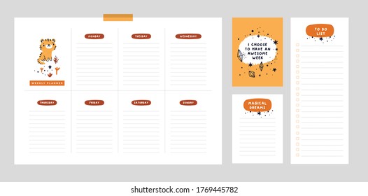 Weekly planner, wish list, to do list in cartoon flat style with cute tiger and motivation phrase. Follow your dreams. Set of digital prints. Back to school. Flat lay, organizer mock up